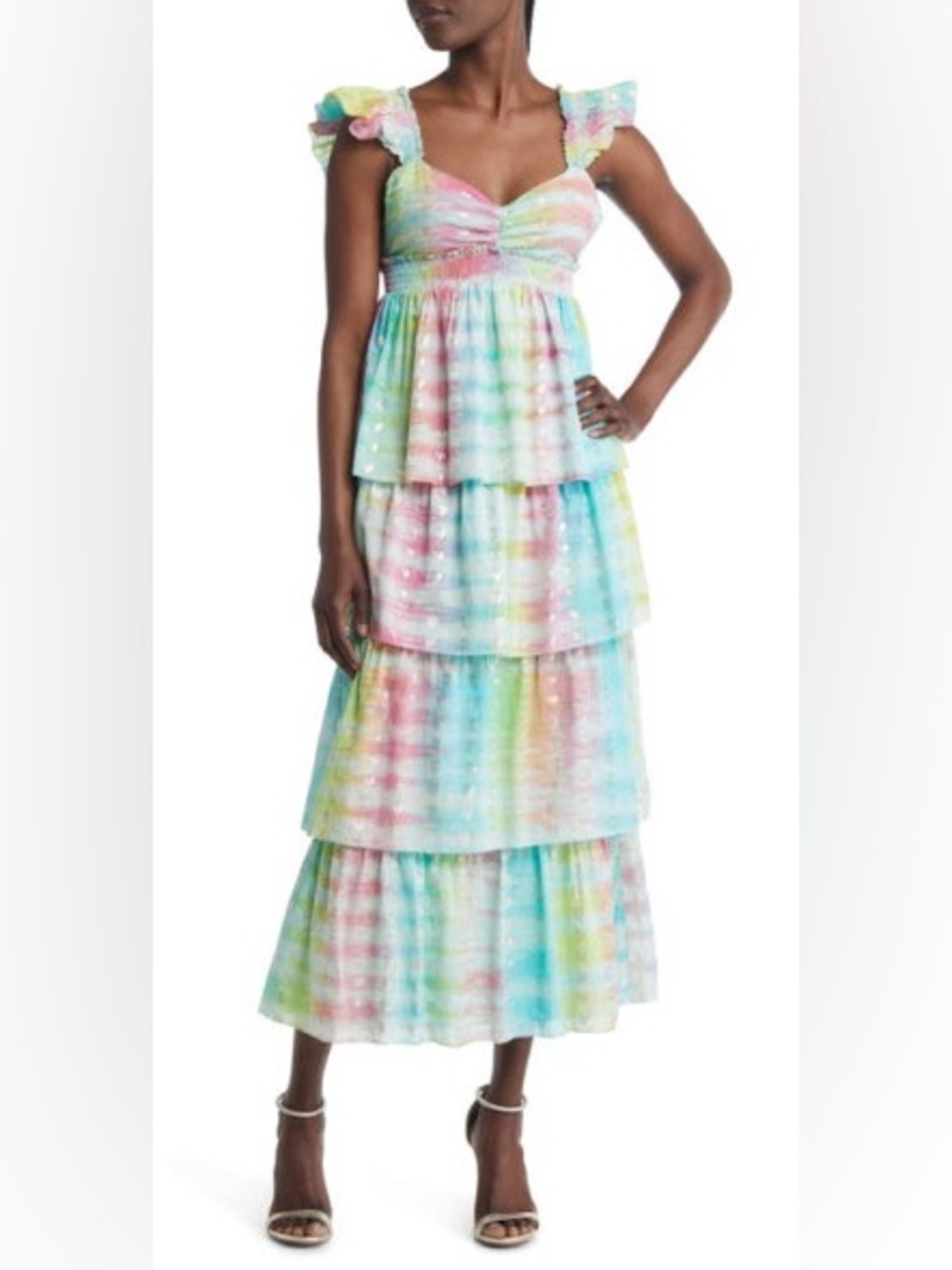 SAYLOR Leola Tiered Midi Dress Rainbow Metallic Heart Sundress - Picture 7 of 11